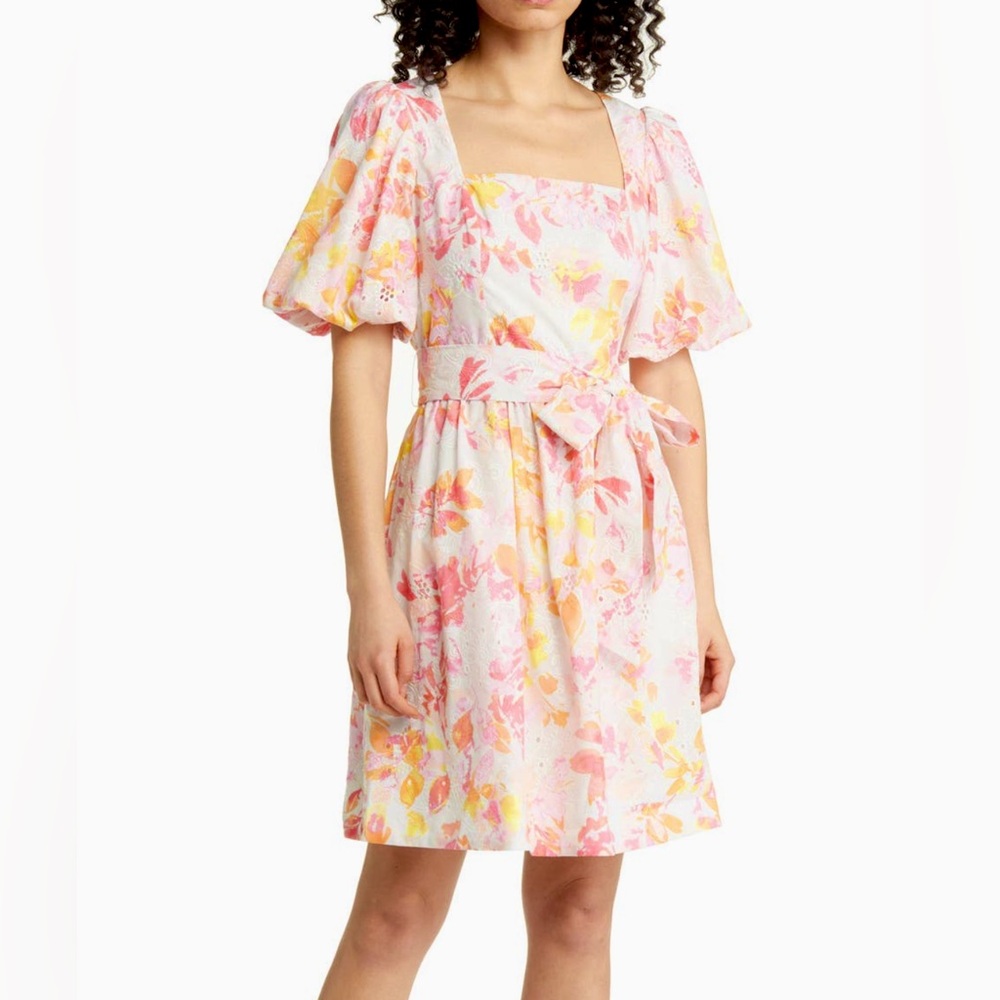 Eliza J Floral Print Puff Sleeve Eyelet Cotton Dress NWT retails $189